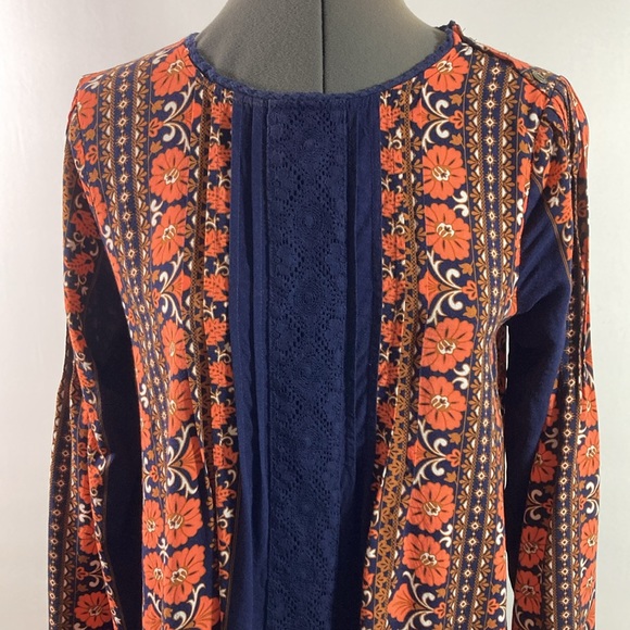 Matilda Jane Top/Blouse Women Size S Orange Floral w Navy inserts Elastic Sleeve - Picture 2 of 10